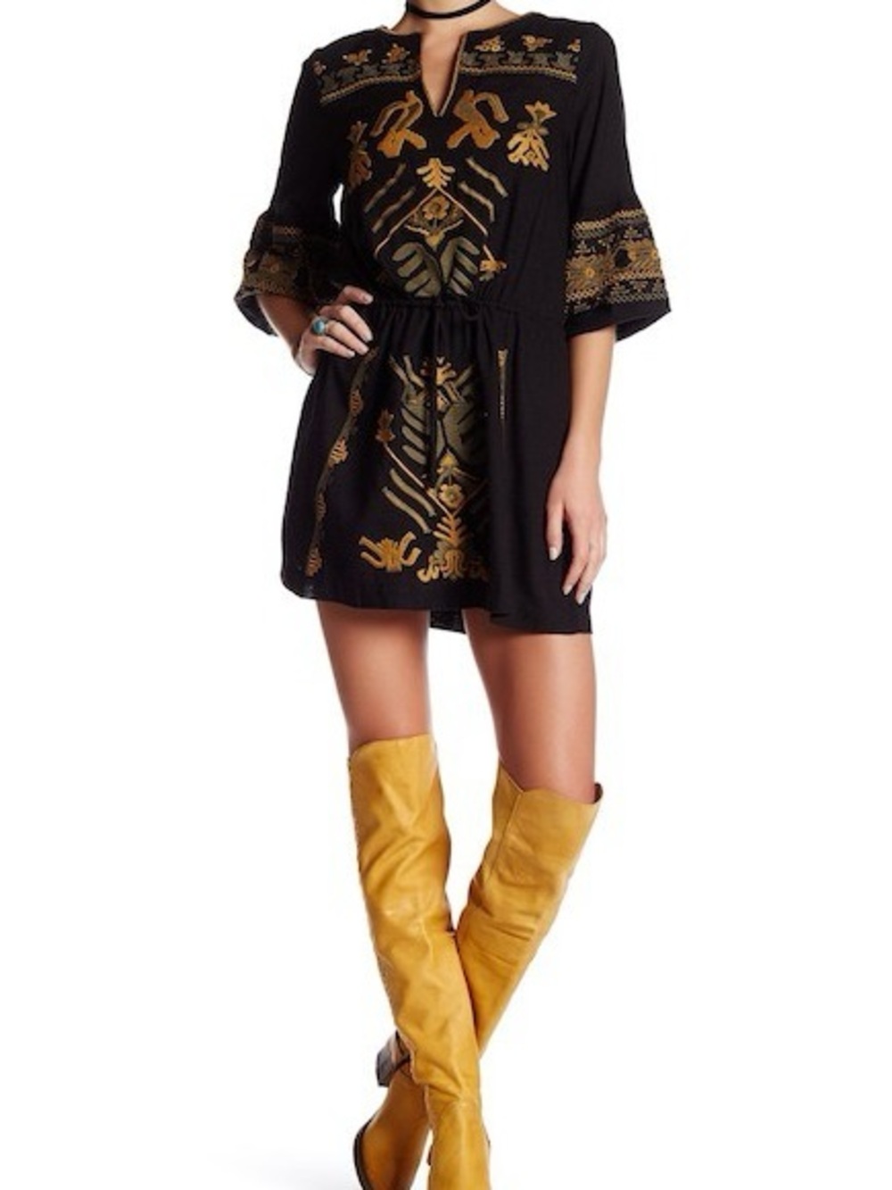 RARE Free People Anouk Black Combo Gold Olive Embroidered Mini Dress small